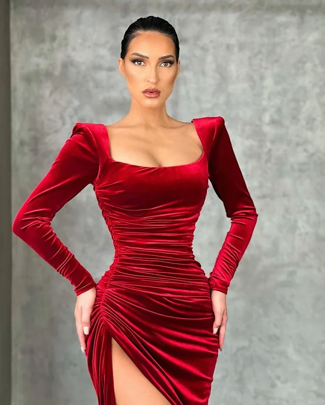 Burgundy Long Sleeves Mermaid Elegant Evening Dresses Ballbellas 3191