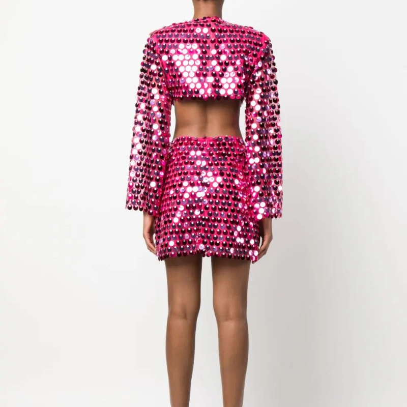 Women Fashion Glitter Sequins Hollow Out Mini Dress Elegant Round Neck Long Sleeves Short Dresses 2025 Female Chic Party Outfit