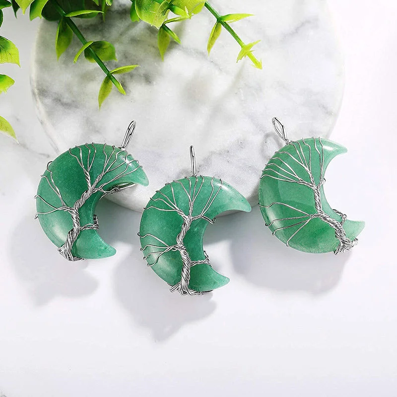 Natural Quartz Crystal Moon Tree Of Life Healing Energy Necklace Pendant