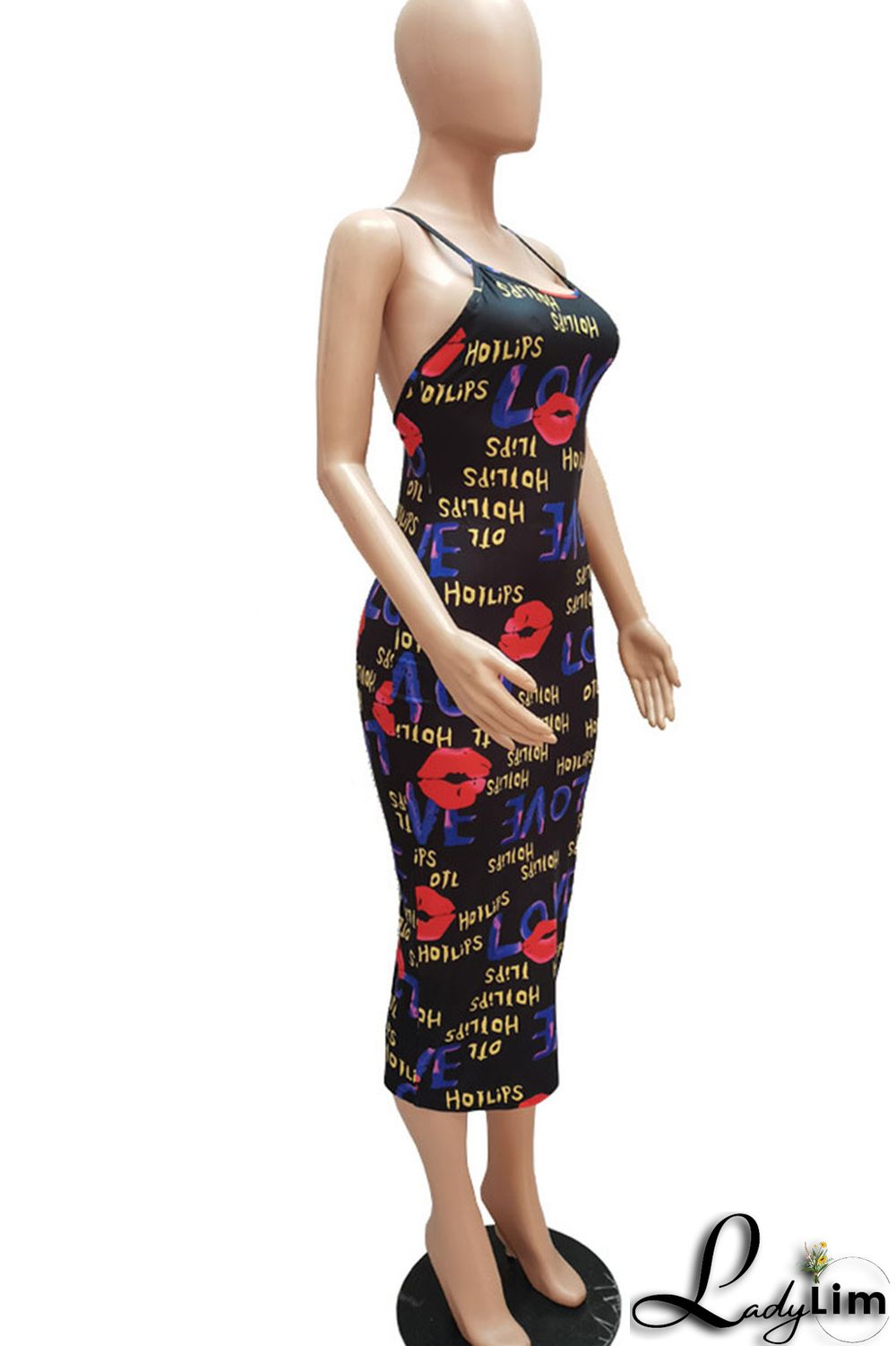 Black Red Sexy Print Split Joint Spaghetti Strap Sling Dress Dresses