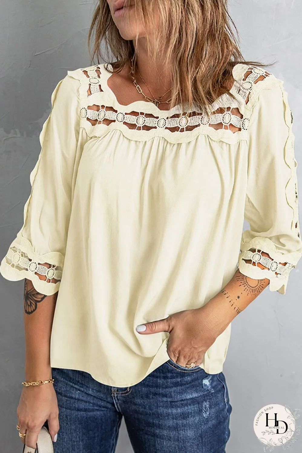 Crochet Openwork Three-Quarter Sleeve Blouse