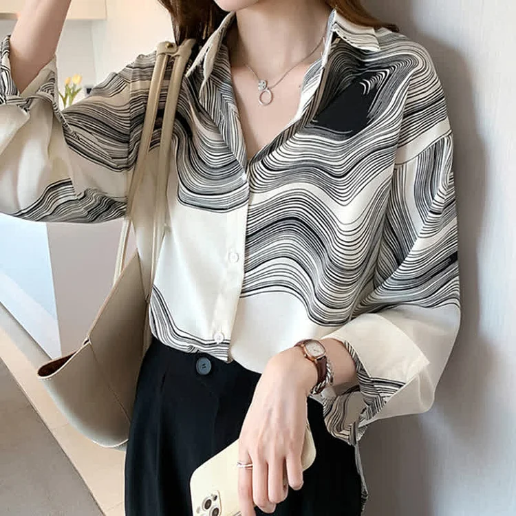 Colorblock Stripe Print Lapel Shirt Workwear - Modakawa modakawa