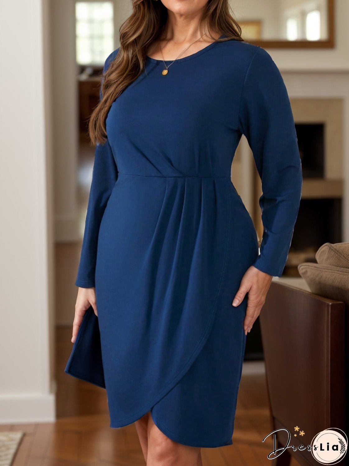 Ruched Round Neck Long Sleeve Mini Dress