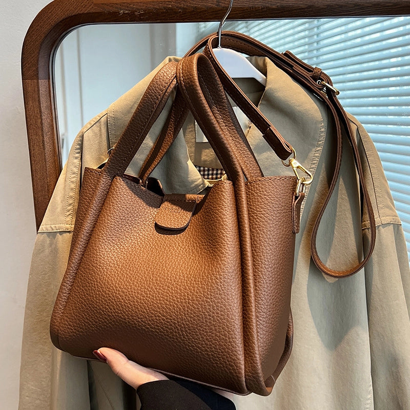 Women’s Medium Pu Leather Solid Color Streetwear Bucket Magnetic Buckle Shoulder Bag Handbag Crossbody Bag