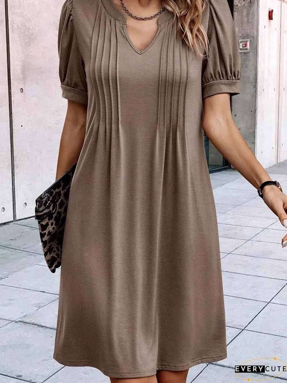 Desert Palm Pleated Notched Neck Puff Sleeve Shift Tee Dress
