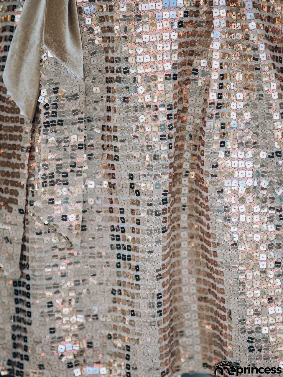 Open shoulder gold sequins belted evening dress