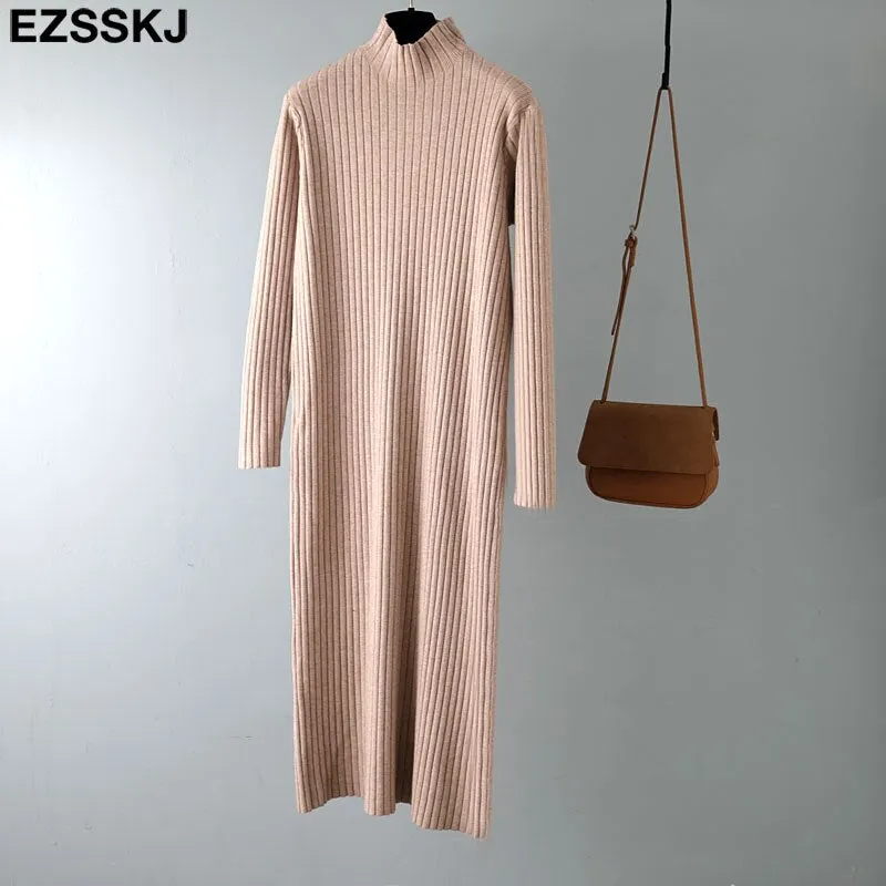 2021 autumn winter thick straight maxi sweater dress women high neck long sweater dress elegant female loose  sexy knit dress