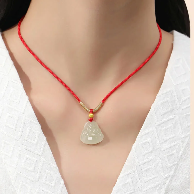 18k Gold Plated Natural Hetian Jade Laughing Buddha Wealth String Necklace Pendant