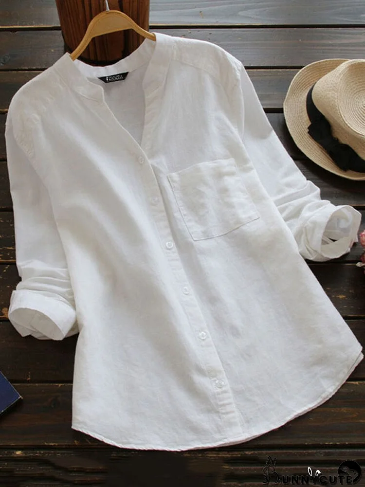 Solid Pocket Long Sleeve Button Stand Collar Blouse