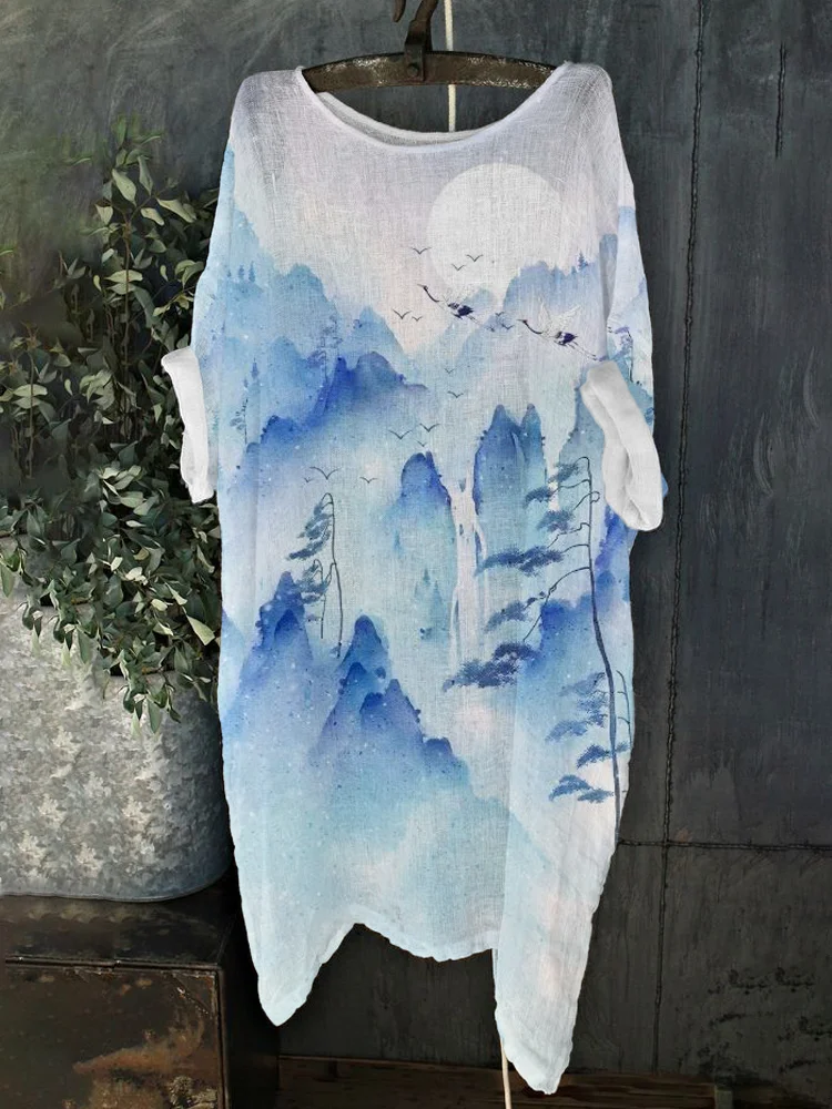 Comstylish Watercolor Landscape & Crane Print Linen Loose Flowing Long Shirt