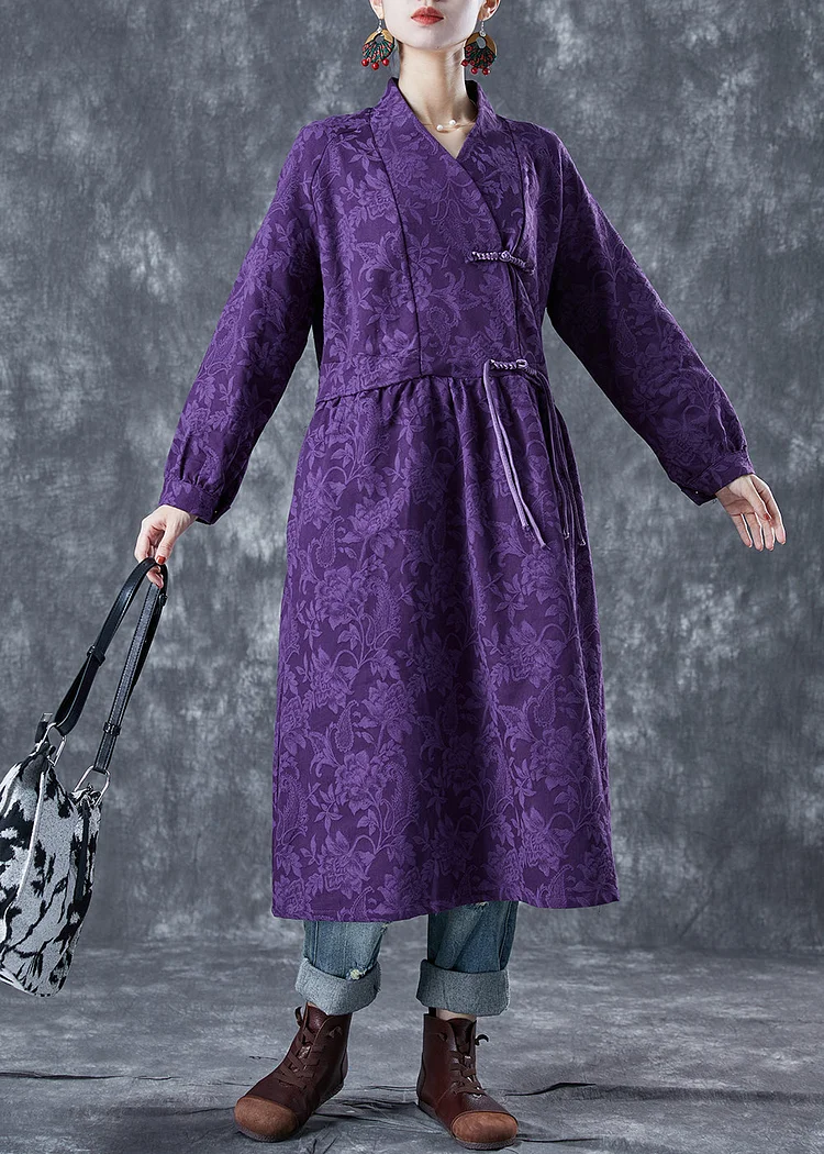 Chinese Style Purple Stand Collar Jacquard Linen Maxi Dresses Spring