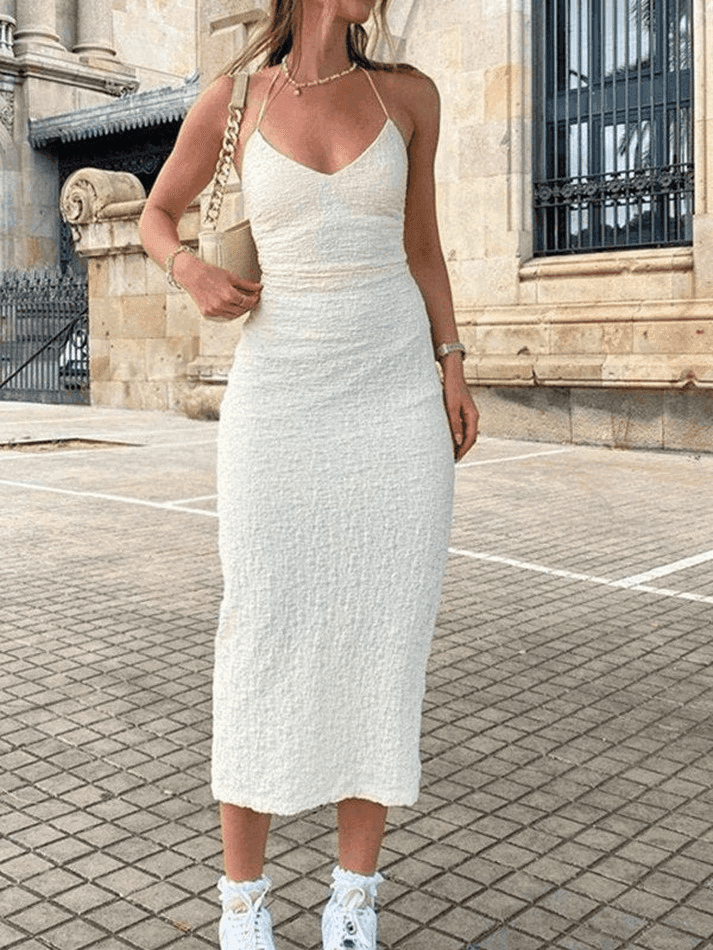 Brownm Textured Split Halter Maxi Dress