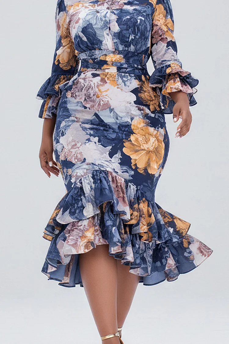 Xpluswear Design Plus Size Wedding Guest Blue Floral Shirt Collar Flare Long Sleeve Ruffle Elegant Bodycon Chiffon Midi Dresses [Pre-Order]