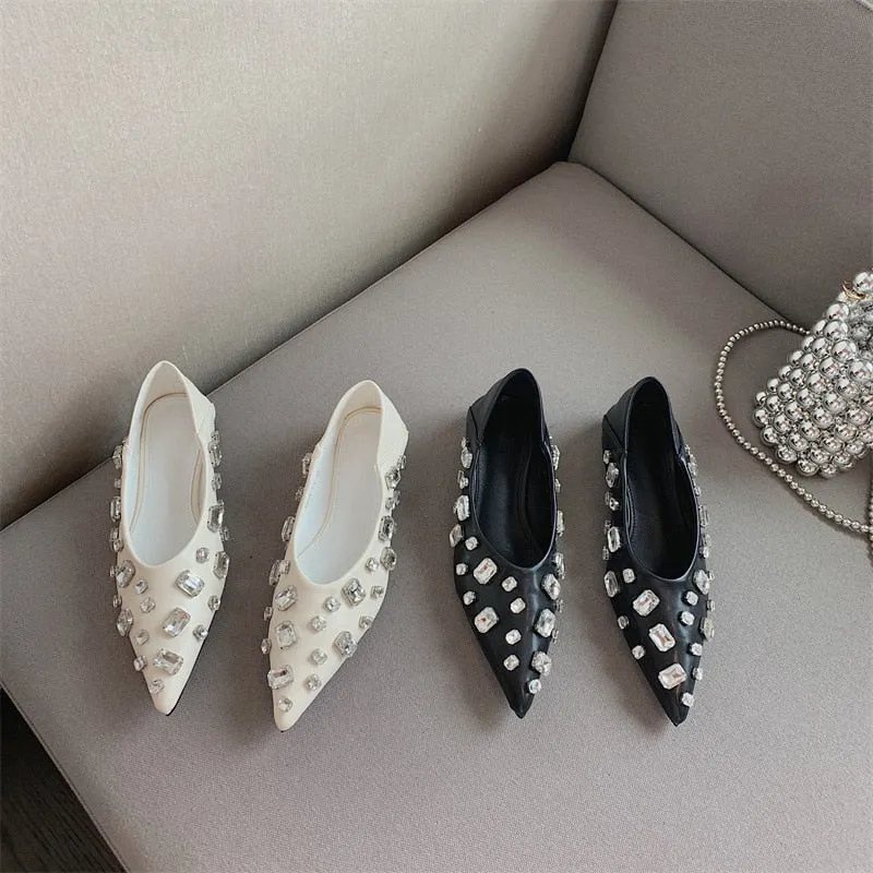 Back to college 2022 Rhinestones Bead Decor Woman Shoes Flats Pointed Toe Slip-On Female Dress Shoes V-Shaped Open Design Elegant Casual Shoes