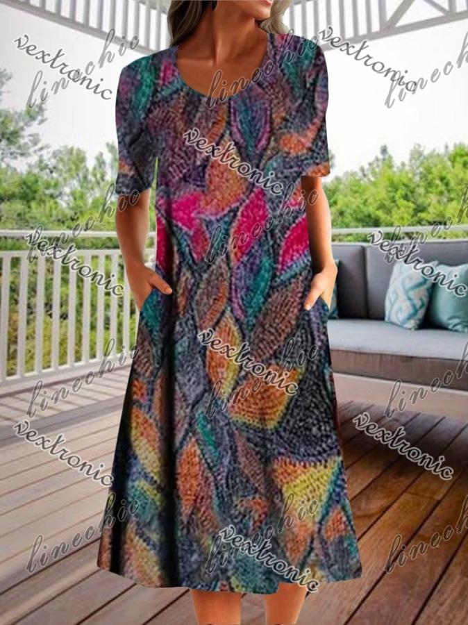 Women Half Sleeve V-neck Solid Color Dress