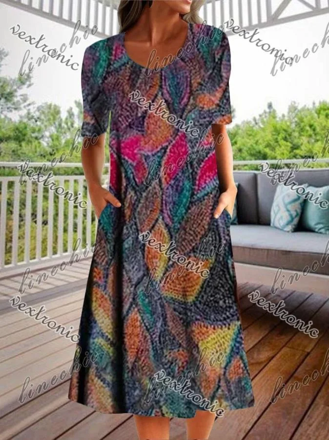 Women Half Sleeve V-neck Solid Color Dress