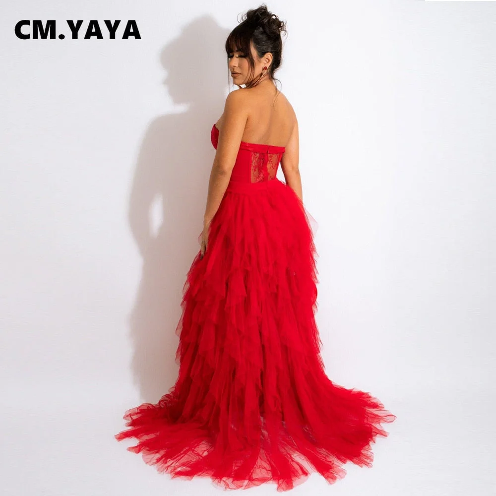 CM.YAYA Women Mesh See Though Lace Patchwork Cascading Ruffles High Side Split Bodycon Maxi Dress Sexy Night Party Long Dresses
