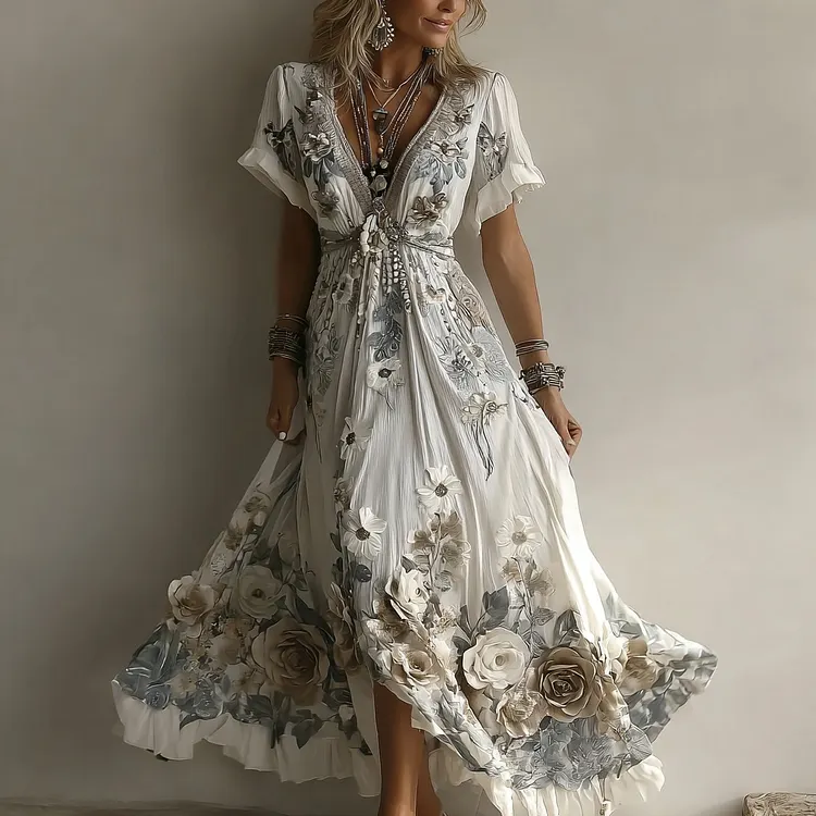 Women's Retro Rose Embroidery Art V-neck Short Sleeve Maxi Dress