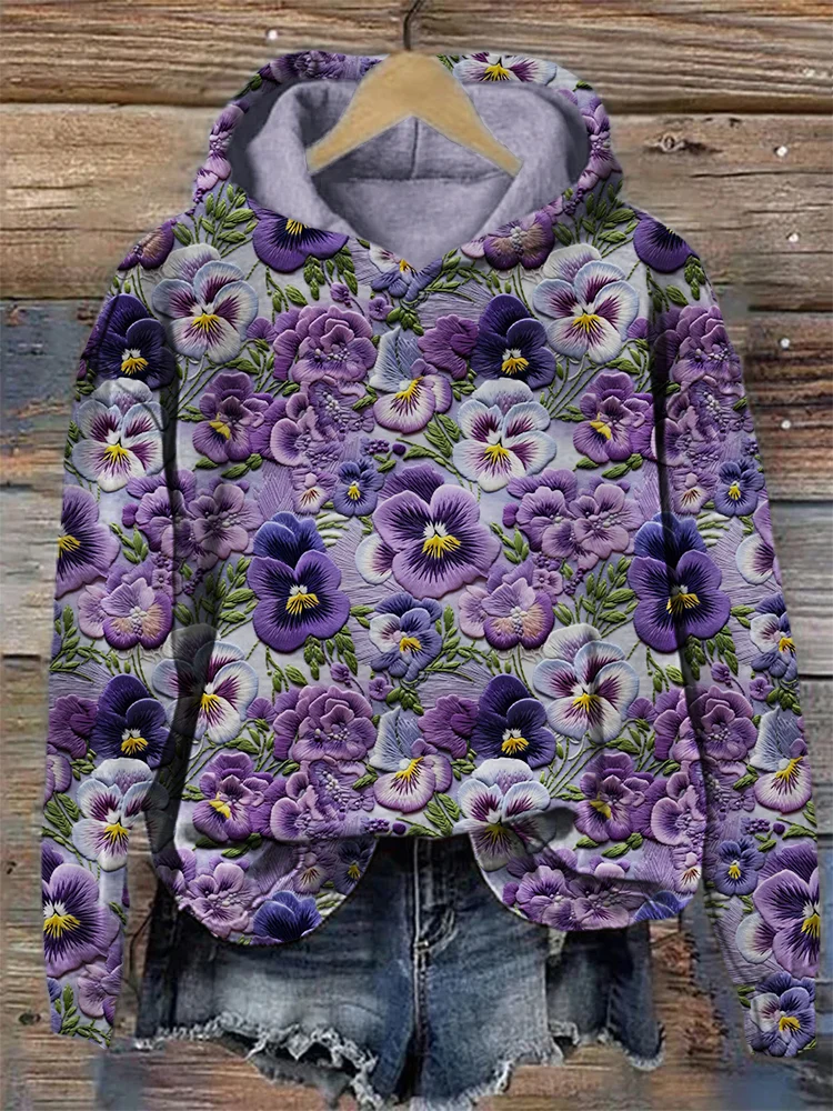 VChics Pansy Floral Embroidery Pattern Cozy Hoodie