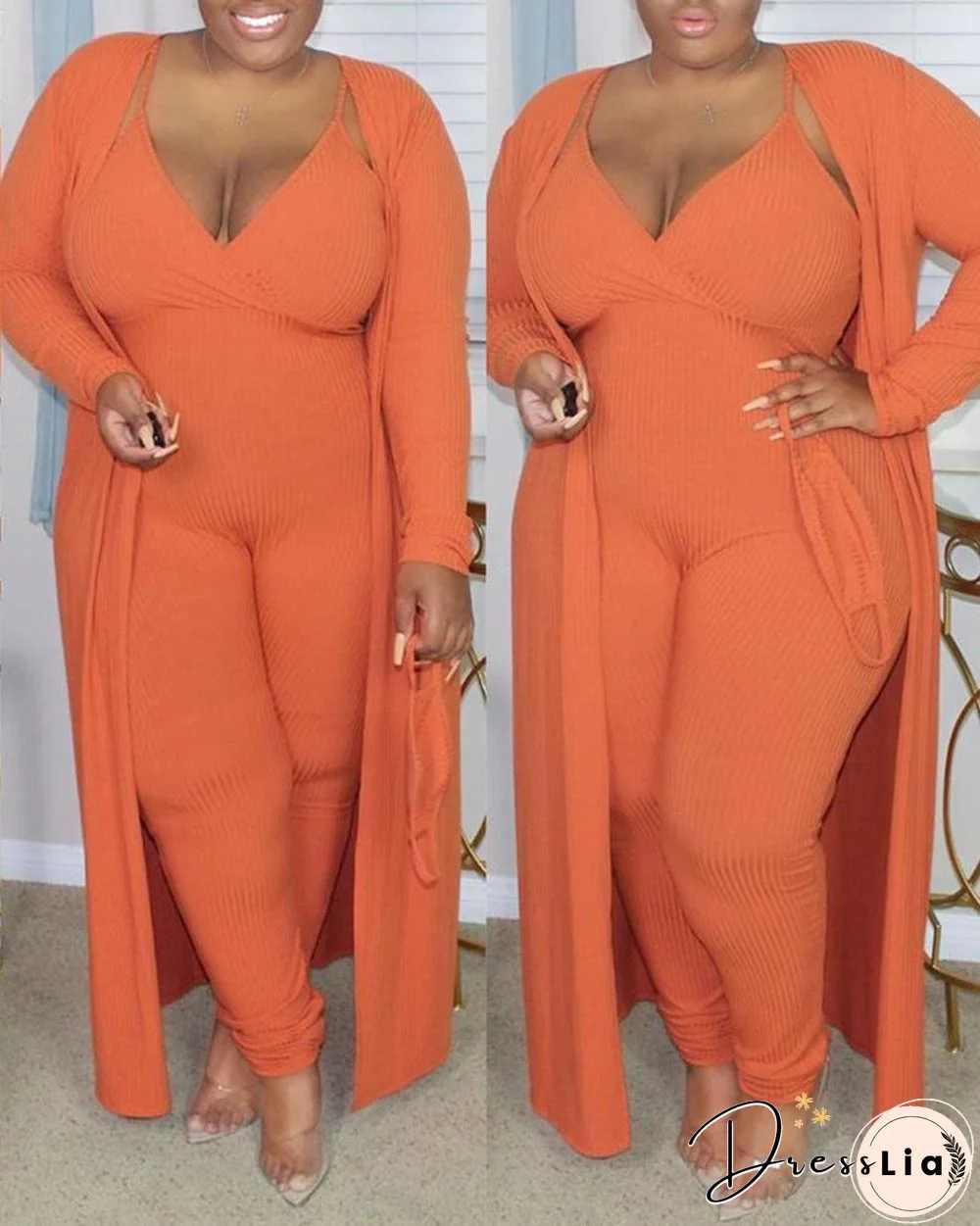 Plus Size Ribbed Plain Crop Top & Pants Set With Coat & Mask