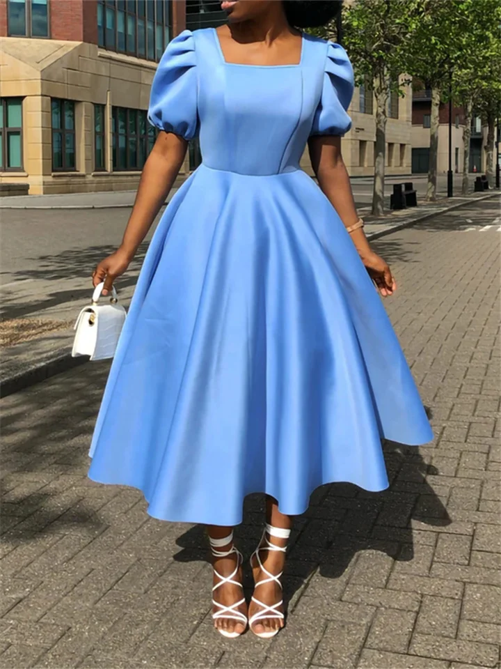 Short Sleeve Pleated Solid Color Large Skirt Evening Dress Dress