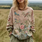 Women's Bohemian Floral And Bird Pattern Linen Crew Neck T-shirt - Image 2