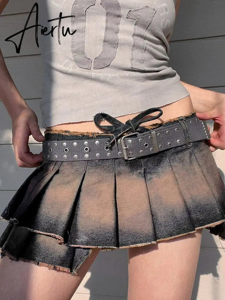 Lace Up Low Rise Denim Skirt y2k Grunge Tie Dye Irregular Mini Pleated Skirt Vintage Streetwear Outfits Women's Clothing Aiertu