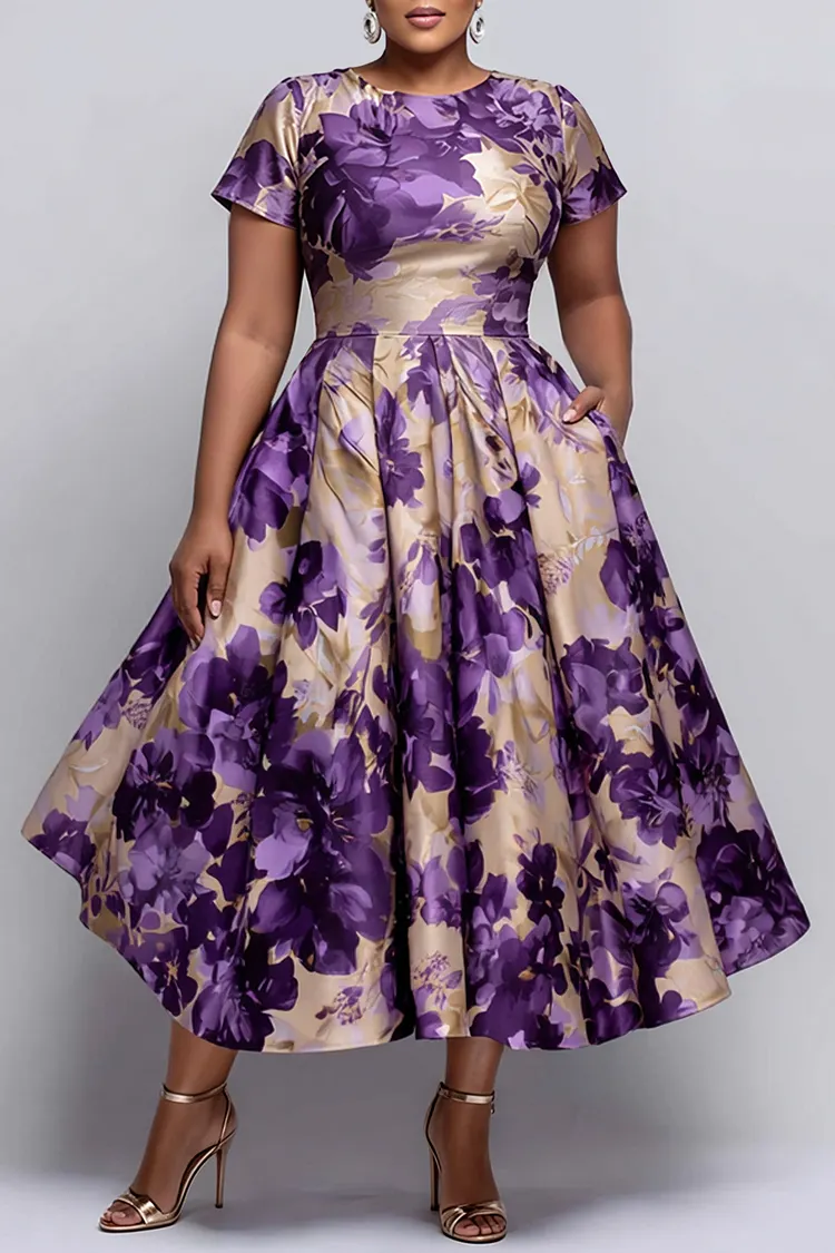 Xpluswear Design Plus Size Cocktail Party Purple Floral Round Neck Short Sleeve Pocket Satin Midi Dresses Purple-2XL/18-20