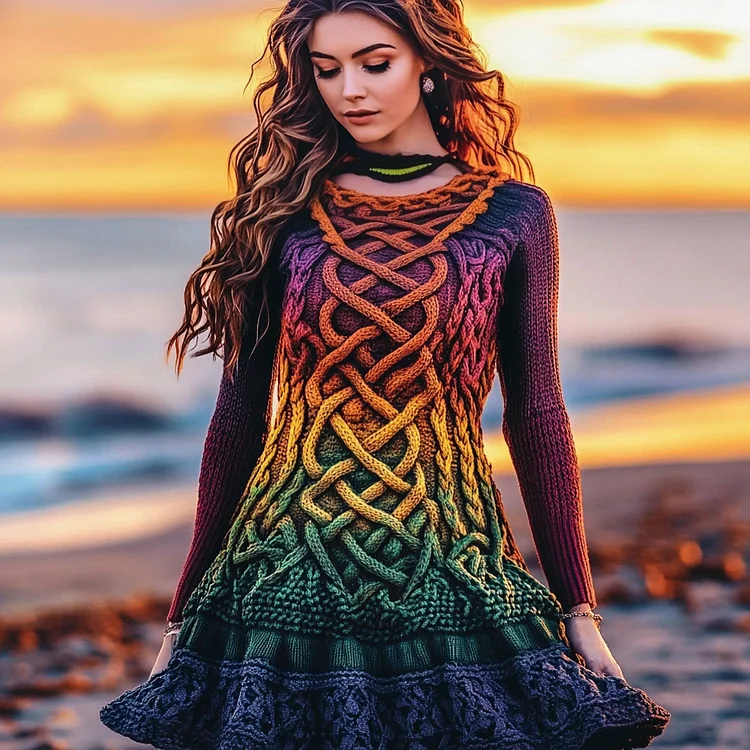 Women's Irish Rainbow Pattern Jacquard Comfortable Round Neck Swing Dress