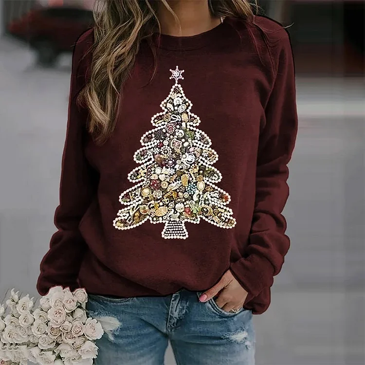 Comstylish Women's Shiny Christmas Tree Graphic Sweatshirt
