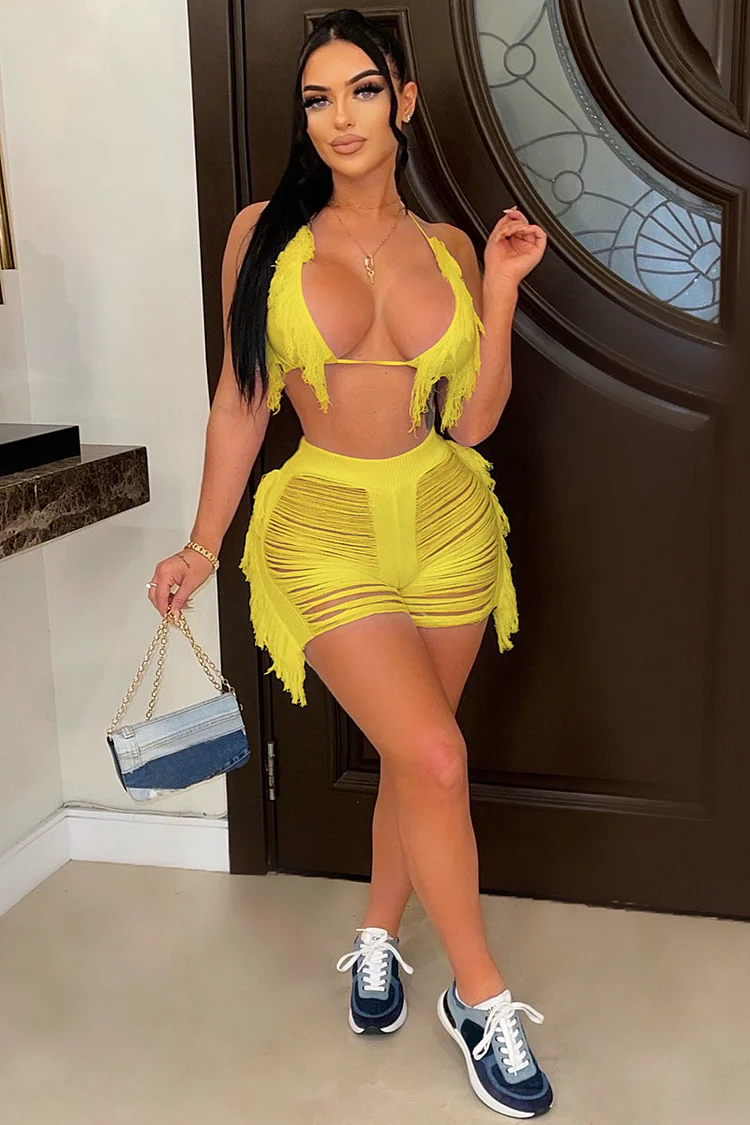 Fringed Backless Halter Hollow Out Knit Two Piece Shorts Set