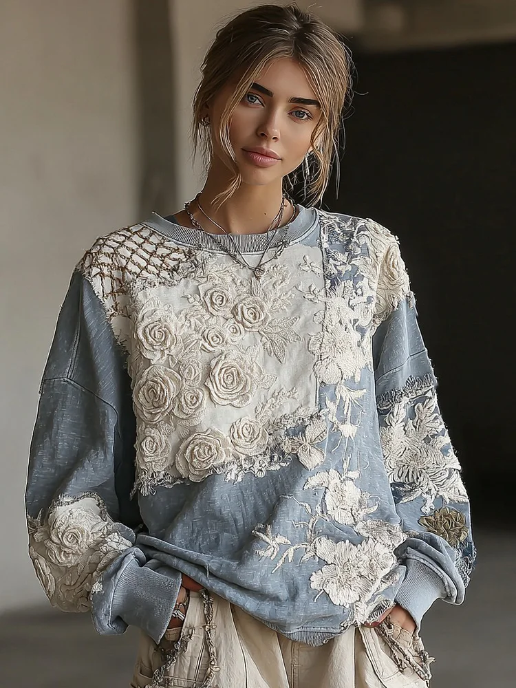 Women's Retro Rose Stitching Casual Crew Neck Sweatshirt