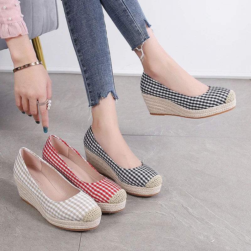 Wongn Wongn And Autumn New Fisherman Shoes Slope Heel Thick Sole Single Shoes Female Round Head Shallow Mouth Women's Shoes Twine Grass Sole