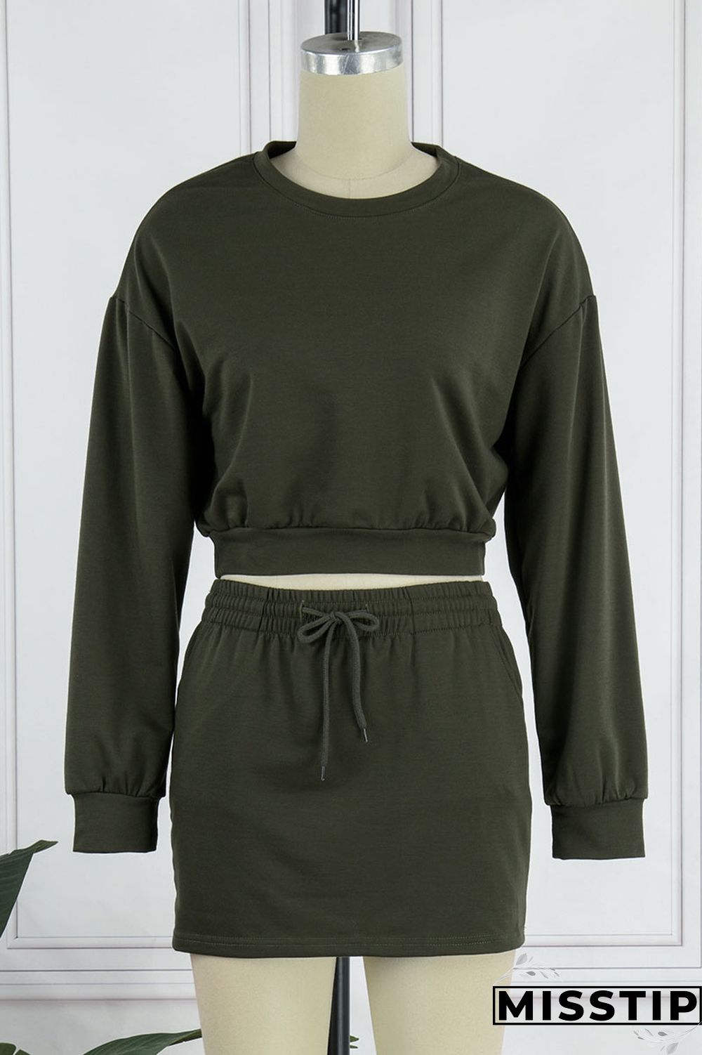 Army Green Casual Solid Patchwork O Neck Long Sleeve Two Pieces