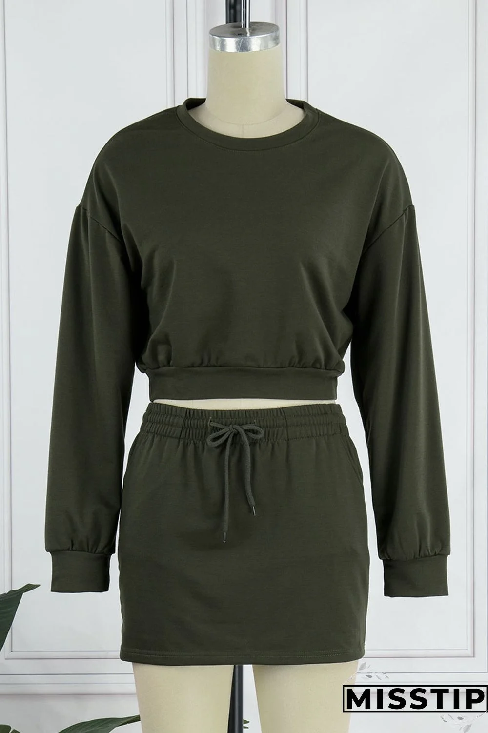 Army Green Casual Solid Patchwork O Neck Long Sleeve Two Pieces