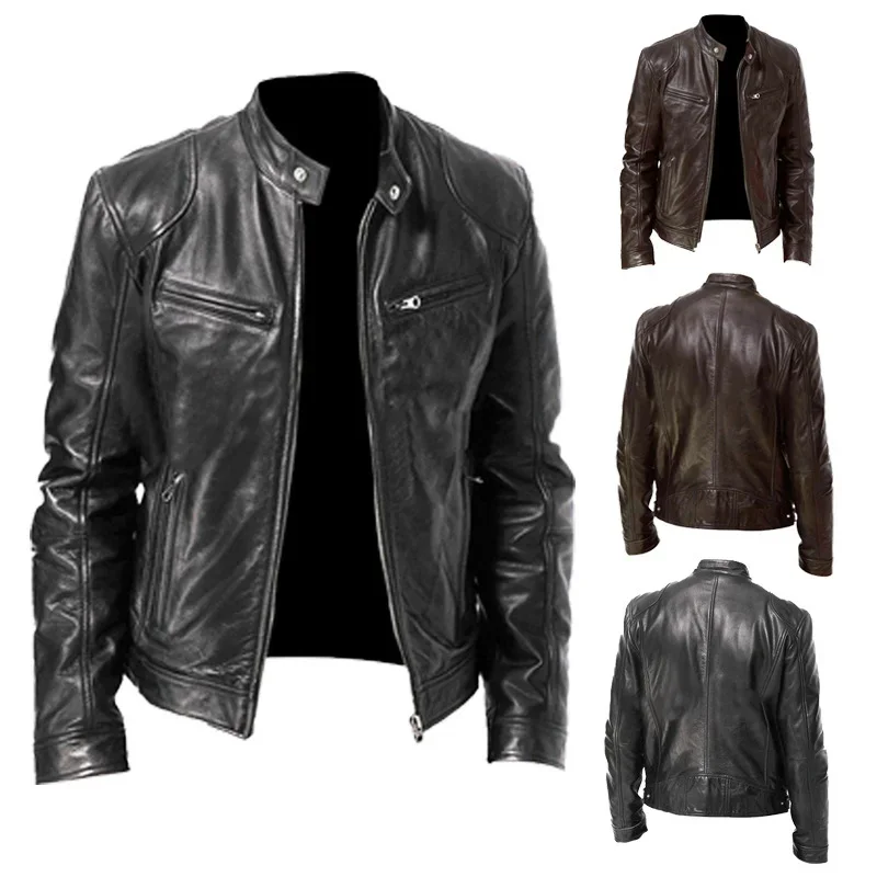Men's Business Leather Stand Collar Slim Leather Jacket