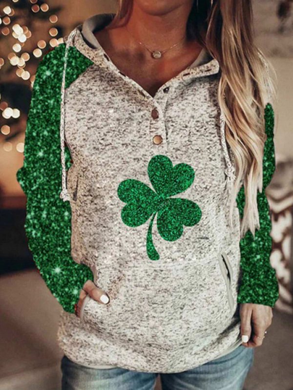 Women's St Patrick's Day Hoodies Drawstring Flag And Clover-print Button Long Sleeve Color Block Pocket Hoodies