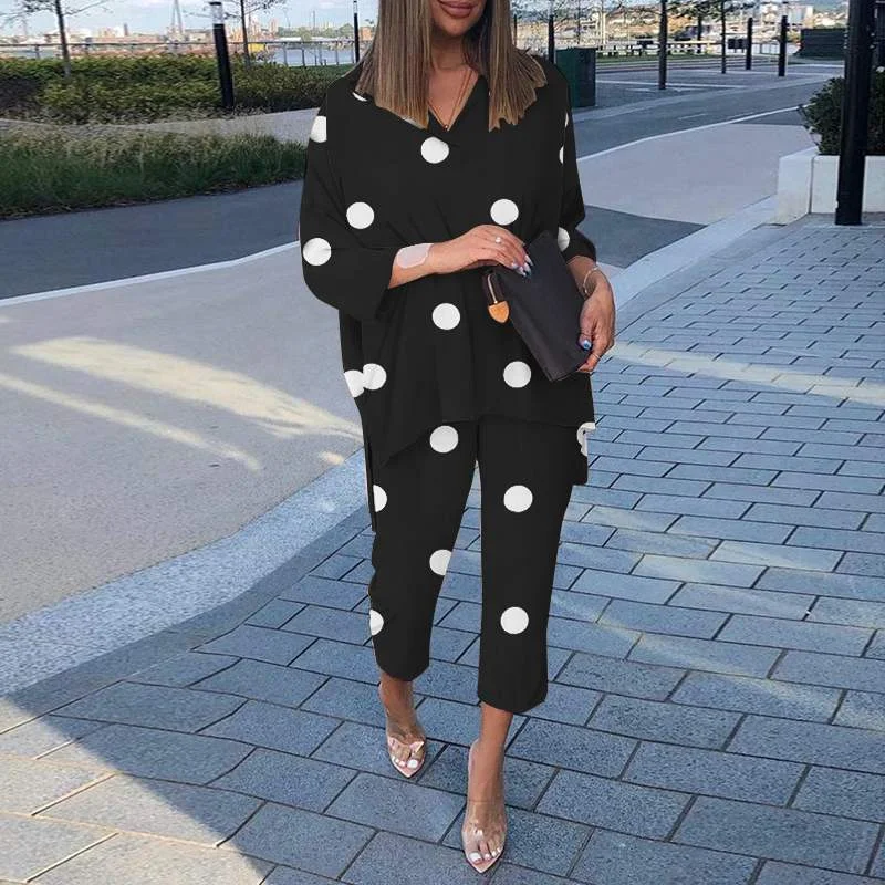 Two Piece Sets UForever21 Fashion Polka Dot Printed Pant Sets Women Summer Matching Sets Casual Urban Tracksuits Trouser Suits 2PCS