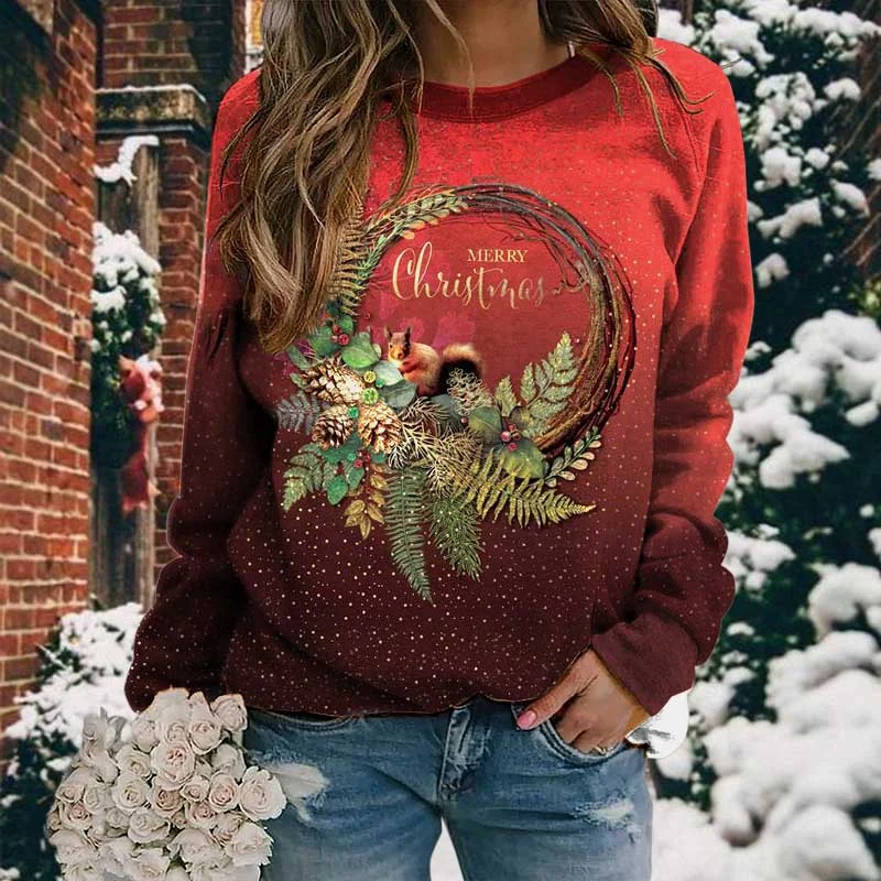 Christmas Wreath Dot Print Crew Neck Red Sweatshirt