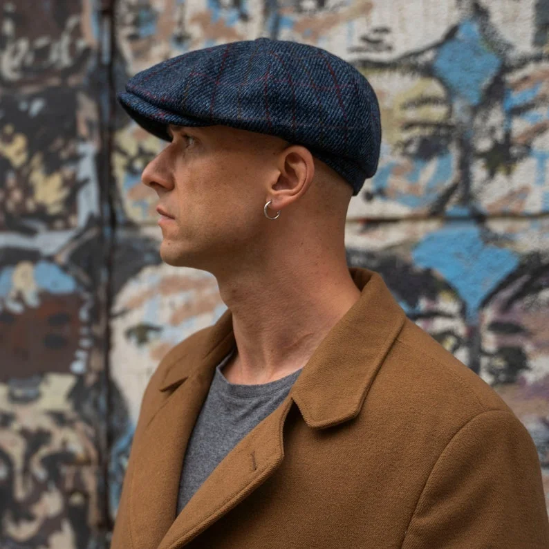 SHELBY Harris Tweed Genuine Scottish 8 Panels Newsboy PEAKED  Cap Applejack Bandit Hooligan Gangster Wool Ivy League Hat BLUE-RED
