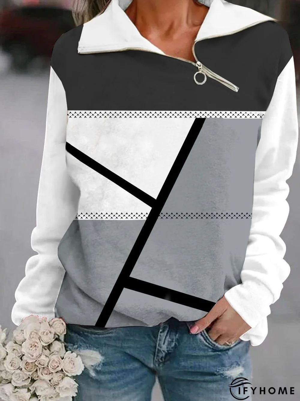Casual Geometric Printed Splice Zipper Sweatshirt | IFYHOME