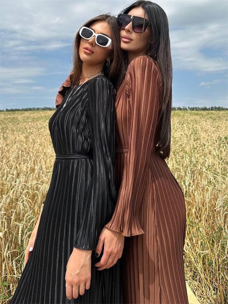 Ootddress Ruffled Lace-Up Ribbed Maxi Dress For Women Long Sleeve Fashion High Waist Elegant Party Dress Autumn Bandage Ladies Dress