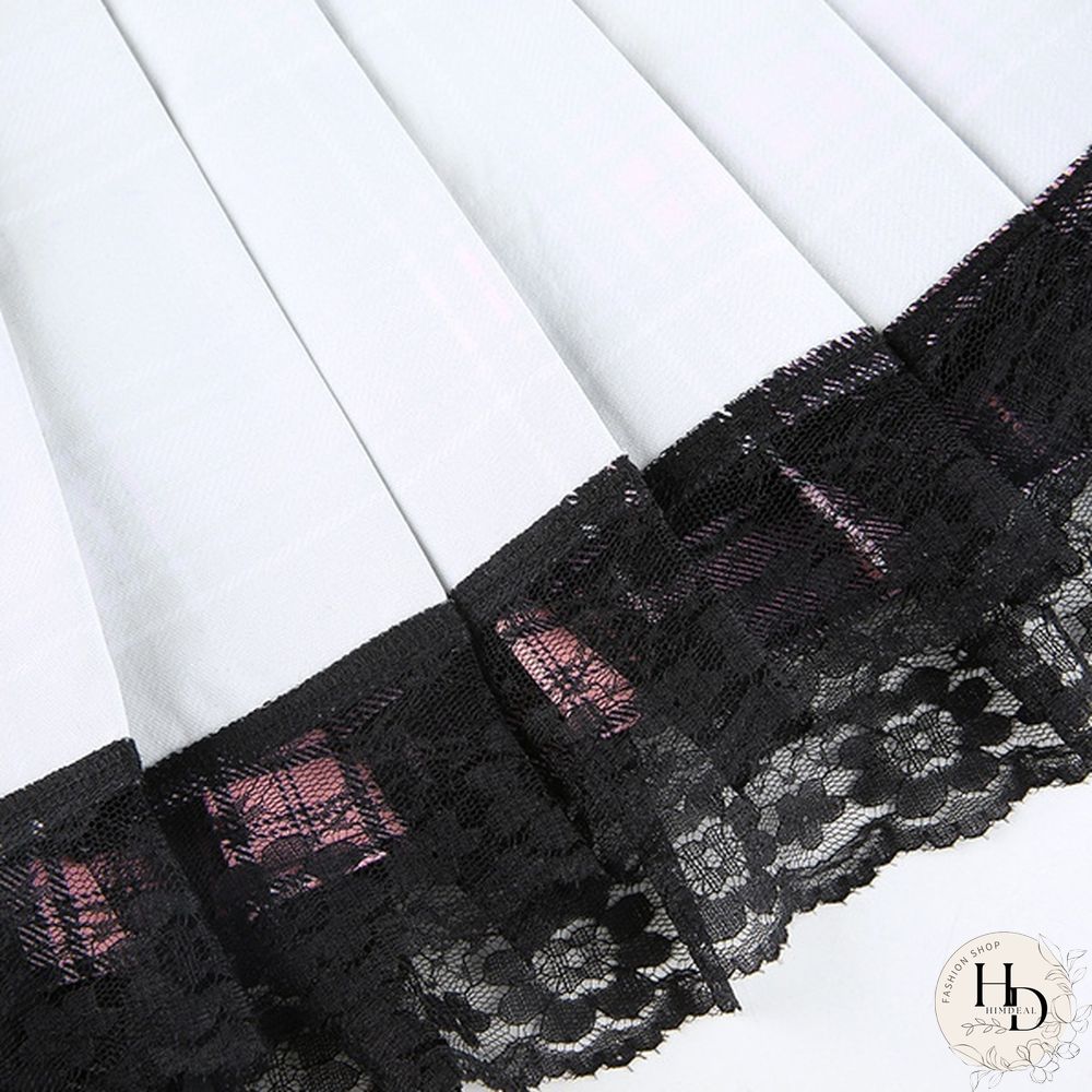 Summer New Lace Gothic Woman Skirts Pink Stripe Plaid Trim Pleated Skirt Punk Dark