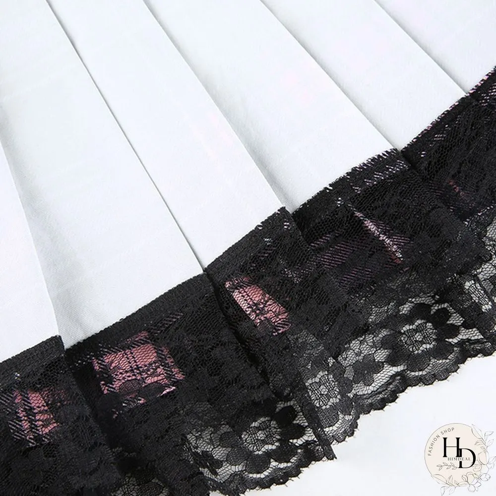Summer New Lace Gothic Woman Skirts Pink Stripe Plaid Trim Pleated Skirt Punk Dark