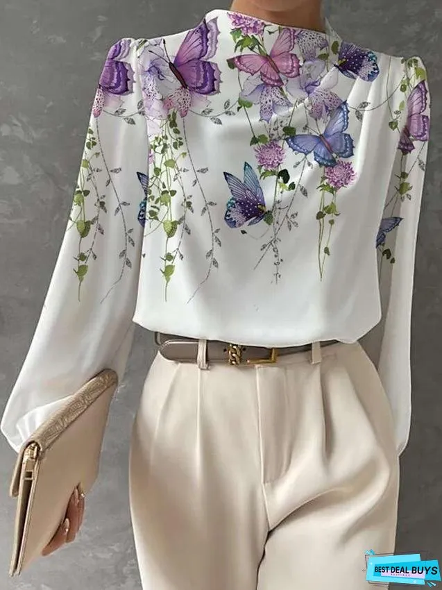 Half-high Neck Lantern Sleeve Printed Blouse