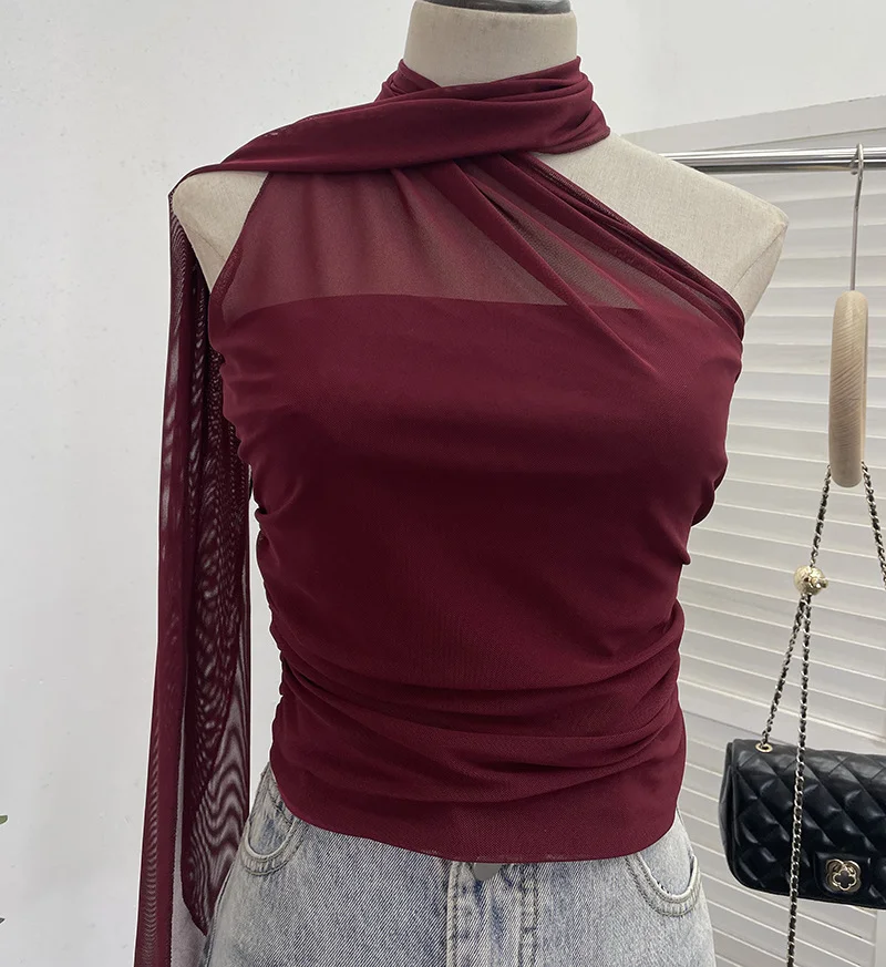 Churchf Real Shooting Mesh Ribbon Hanging Neck Folded Sleeveless Top Babes Two-Wearing Design Wrapping Bras 1125