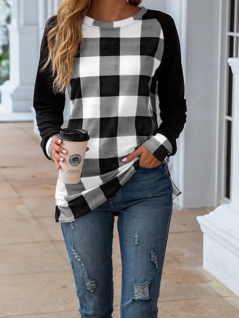 Plaid Print Round Neck Casual Tops