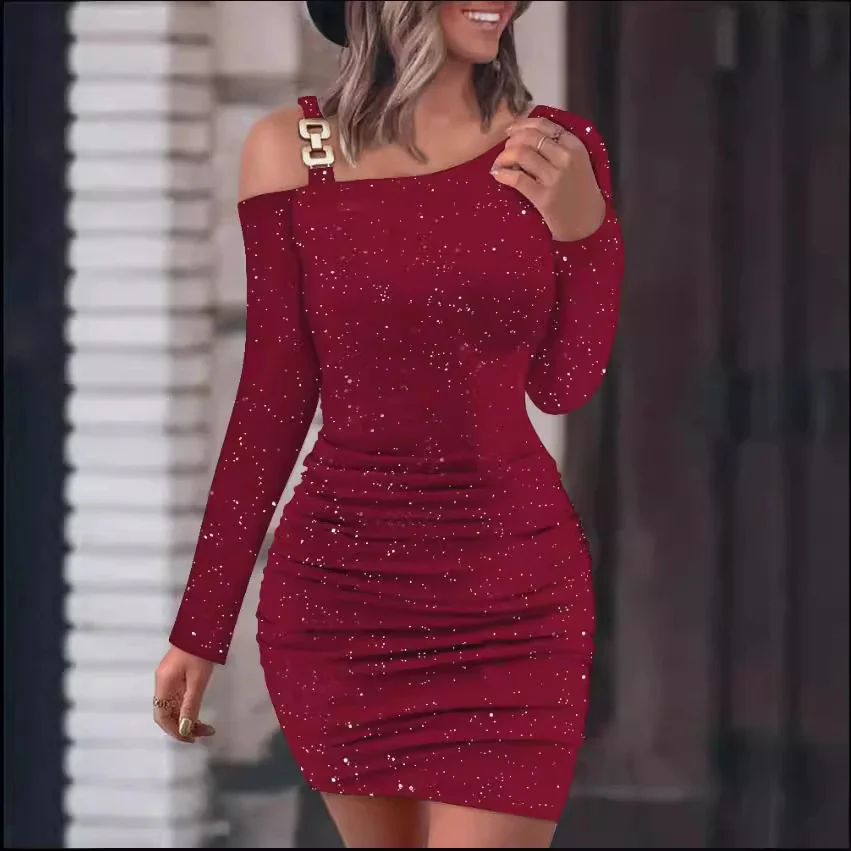 Uveng Uveng And Summer New Long-Sleeved Shoulder Repair Skirt Sexy Squins With Bomb-Packed Hip Skirt