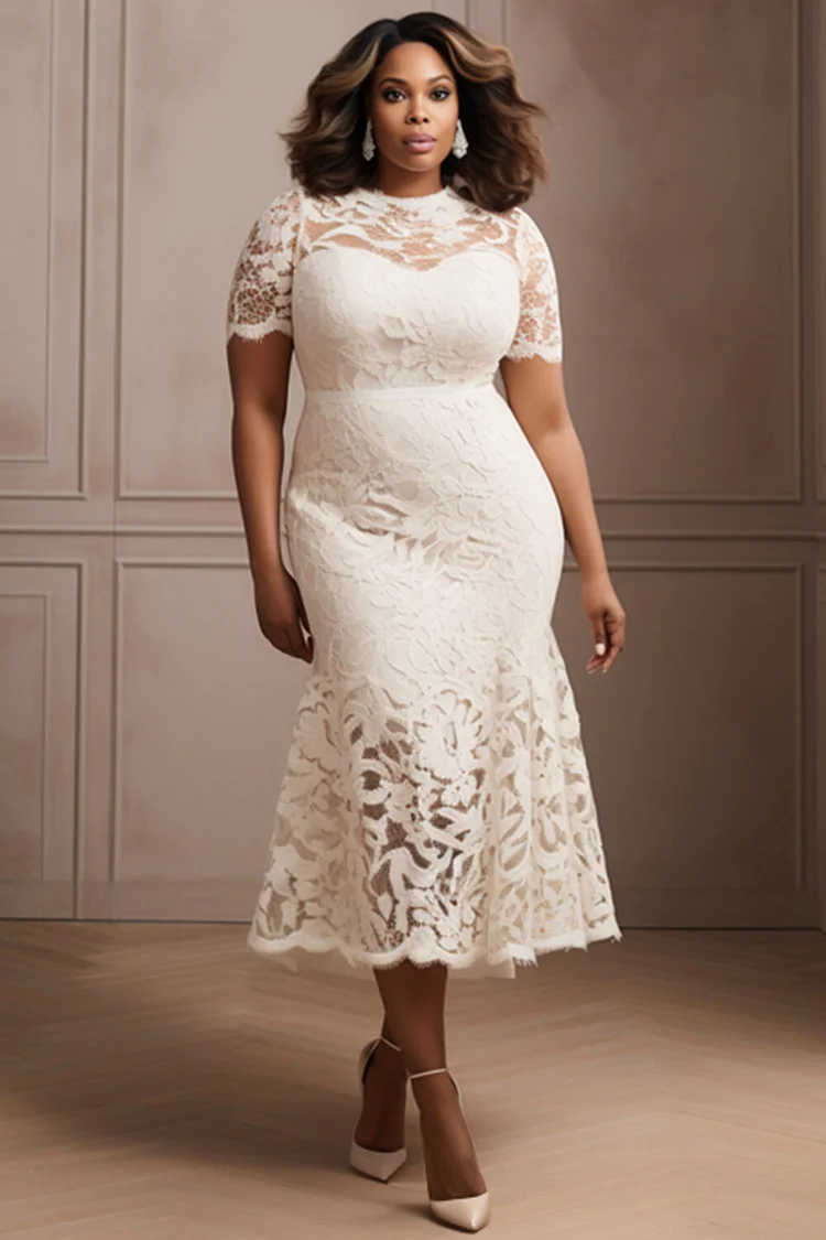 Xpluswear Design Plus Size Mother Of The Bride White Round Neck Short Sleeve Mermaid Bodycon Lace Maxi Dresses [Pre-Order] 2024 - Xpluswear