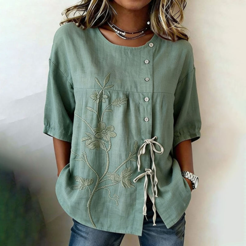 Comstylish Women's Retro Floral Cotton Linen Shirt